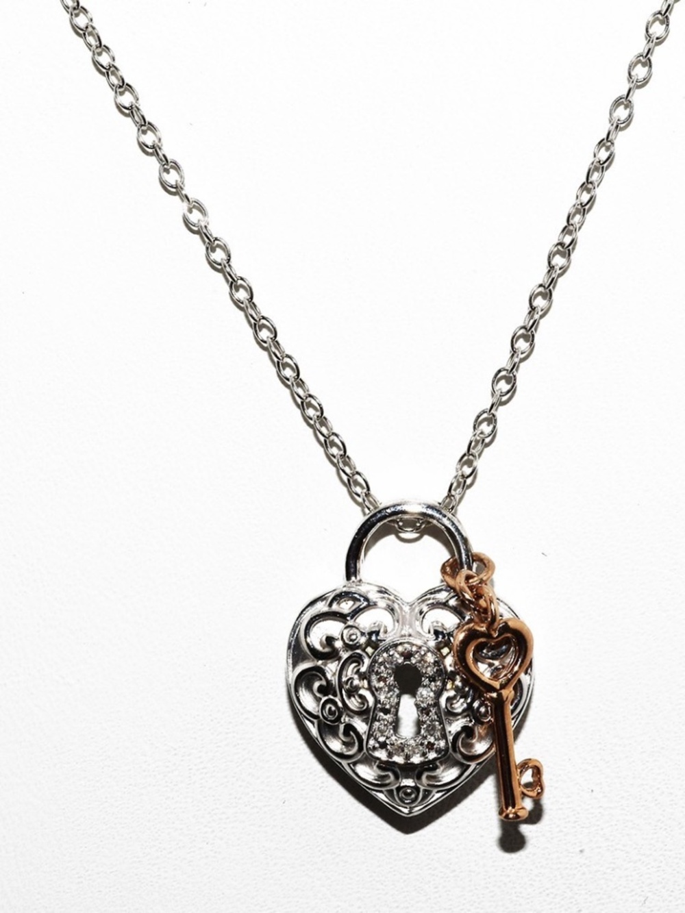US$800 .925 Sterling Silver/10K Gold .05CT Natural Diamond Heart & Key Necklace